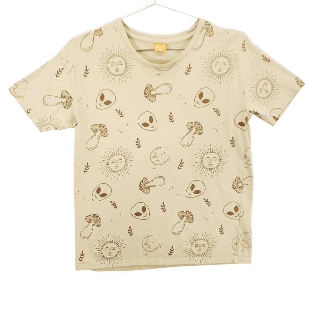Vibe N T Shirt‎ Womens Extra Small Beige Alien Mushroom Sun Leaf All Over Print